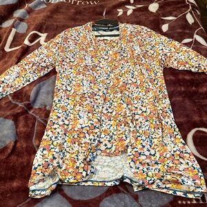 Lands End jerseyknit long cardigan/SS uneck shirt,size1X/XL,salmon/yellow/ navy